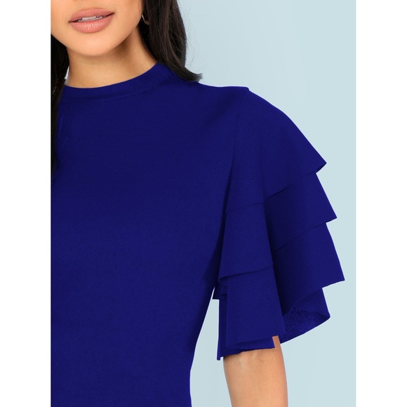 Blue Tiered Flounce Sleeve Bodycon Short Dress - Picture 4 of 6